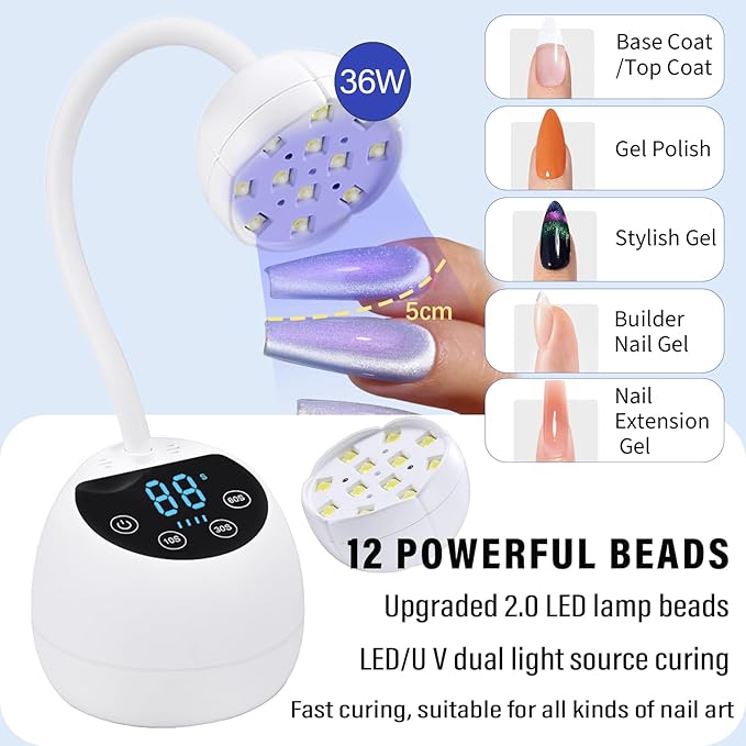 Mini U V LED Nail Lamp with 3 Timers and LCD Display,36W Cordless Flash Cure Gel x Nail Lamp, Auto Sensor Gooseneck Portable USB Gel Nail Dryer U V Light for Home DIY, Pearl White, ML-10003
