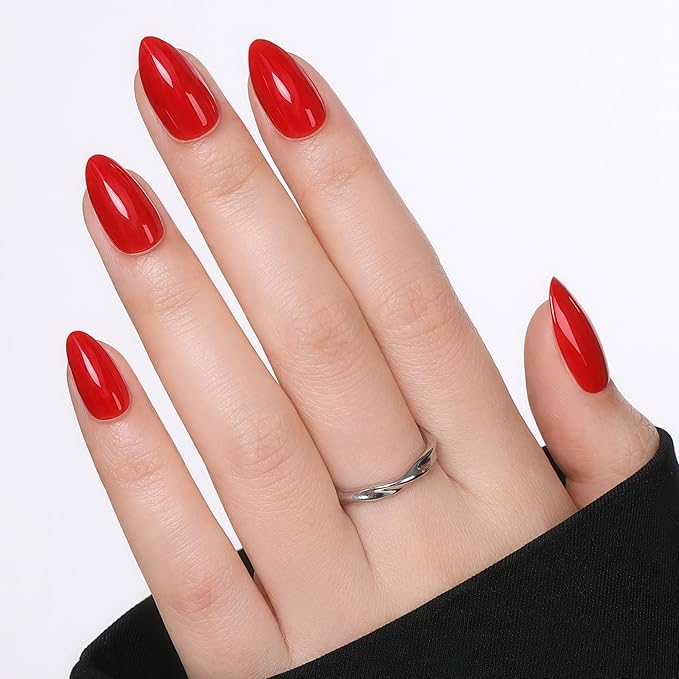 UNA GELLA 32Pcs Soft Gel Press on Nails - 16 Sizes Classic Red Almond Glue on Nails, Reusable Glossy Solid Red False Nails, Full Cover Acrylic Nail Kit for Women DIY Home Manicure
