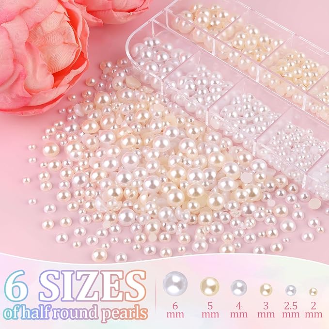 Flatback Pearls for Crafting with 3Pcs 10ml B7000 Jewelry Glue, 1 Box of Half Round White and Beige Pearls, Bedazzling Beads for DIY Crafts Clothing Tumblers Shoes Embellishment Nail Art