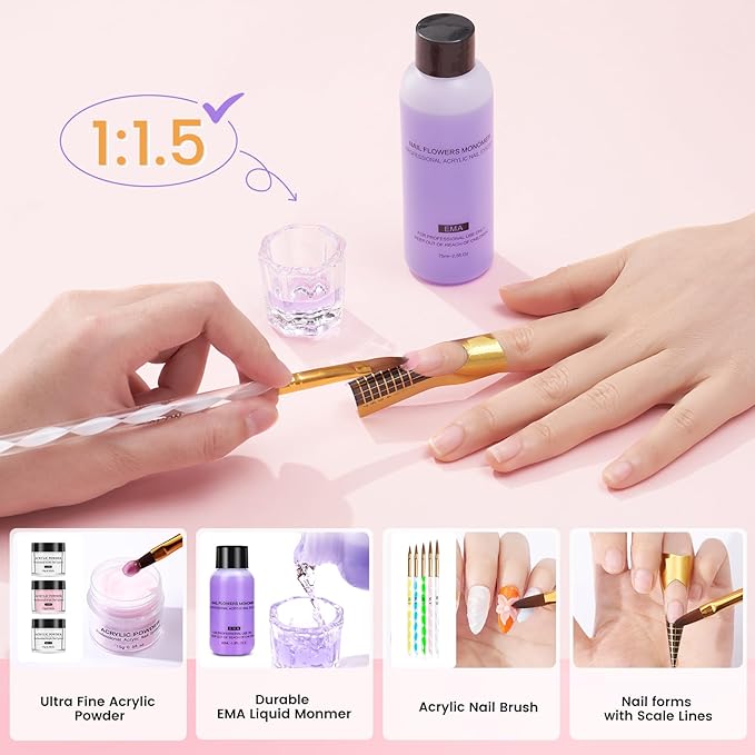 Nail Kit for Beginners with Everything: Practice Nail Hand Acrylic Set Professional Powder Liquid Starter Kits with Drill U/V Lamp in Cosmetic Gift Bag for Salon Home (Sliver)