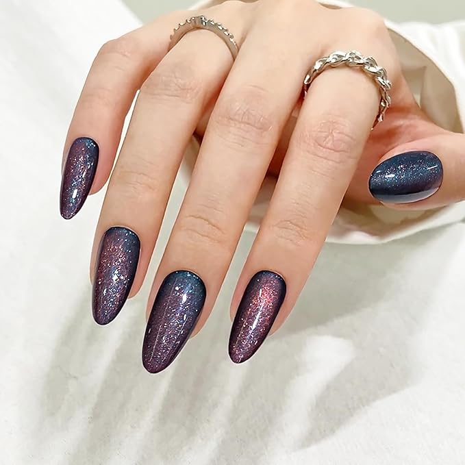 Dark Blue Almond Cat Eyes Press On Nails,12 Sizes - 24 Pcs Soft Gel Blue Medium Fake Nails Kit with Nail Glue, Natural Reusable Stick On False Nails for Women and Girls SK1008
