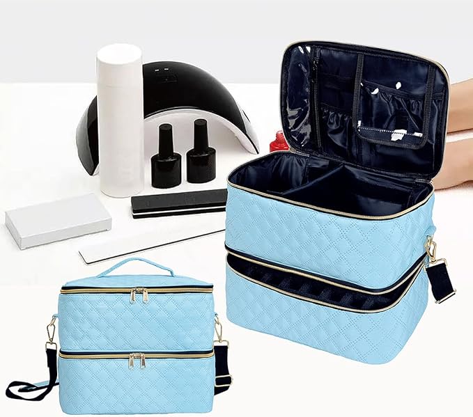 Nail Polish Organizer Case Holds 40 Bottles(15ml/0.5fl.oz) and Nail Lamp, Double Layer Nail Polish Storage with Adjustable Dividers,Portable Carrying Bag for Nail Kit, Manicure Tools Sky Blue
