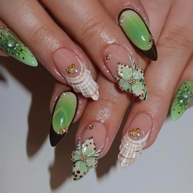Summer Press on Nails Medium Almond Stick on Nails with Green Flower Charm Design Pearl Seashell False Nails Black French Tips Fake Nails Glossy Floral Glue on Nails for Women Girls Manicure 24Pcs