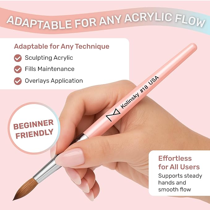 M – Majesti Pink 100% Kolinsky Acrylic Nail Brush | Professional Acrylic Sculpting & Application Brush | Handcrafted Premium Nail Art Tool for Nail Technicians (#18)
