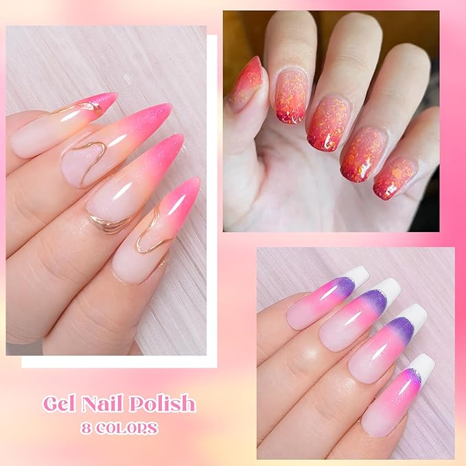 MEET ACROSS 8 Colors Color Changing Gel Nail Polish Set Glitter Pink Purple Temperature Mood Changed Gel Polish Kit Soak Off UV/LED Nail Art Manicure Gifts for Women Girls