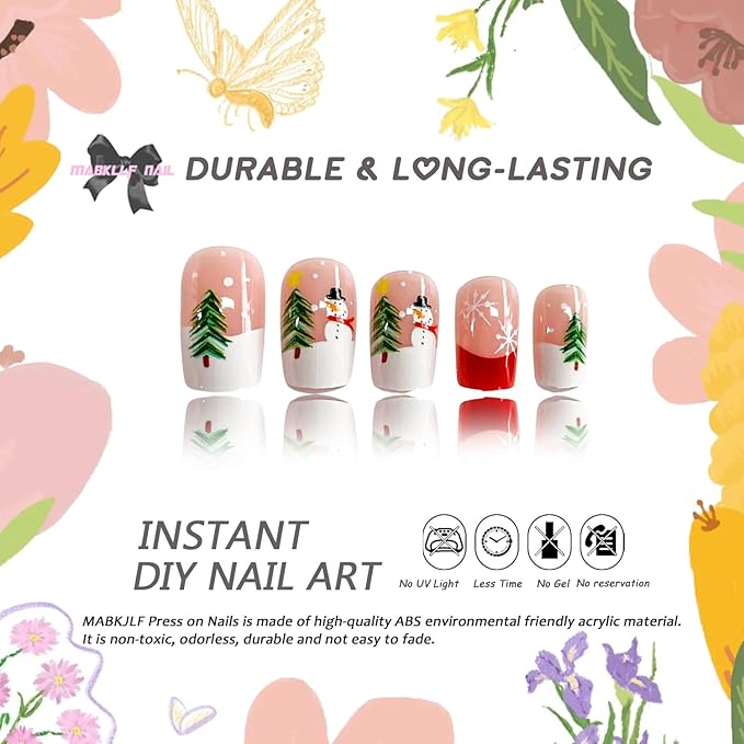 Christmas Press on Nails Medium Square MABKJLF French Tip Fake Nails False Nails with Snowman Snowflake Tree Designs Glossy Glue on Nail Winter Full Cover Acrylic Nails for Women Girls 24Pcs