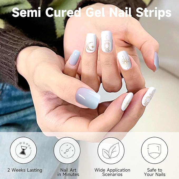 Semi Cured Gel Nail Strips, 28 pcs Gel Nail Stickers, Work with Any UV Lights, Long-Lasting Nail Wraps, Stick on Nails for women Easy to Apply & Remove