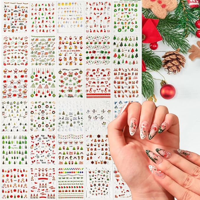 90 Sheets Christmas Nail Stickers 3D Self Adhesive Winter Xmas Nail Decals Santa Claus Christmas Tree Snowflake Nail Art Stickers Decals Cute Christmas Nail Art Supplies for Women Manicure Decorations