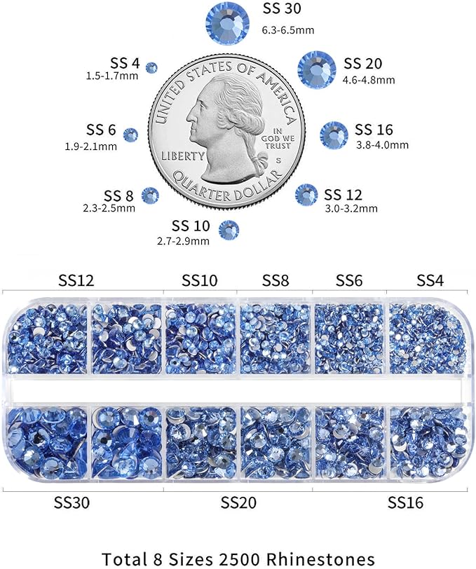 Beadsland Rhinestones for Makeup,8 Sizes 2500pcs Light Blue Flatback Rhinestones Eye Gems for Nails Crafts with Tweezers and Wax Pencil,Light Sapphire,SS4-SS30