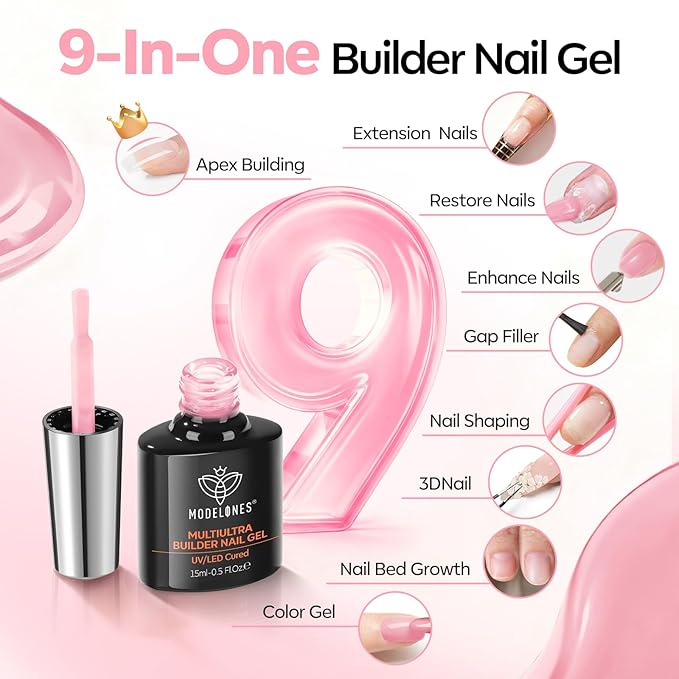 modelones Builder Nail Gel, Sheer Pink Builder for Nails No Top Coat Needed, Glossy Jelly Finish Light Pink, C-Curve Sculpting, No-Wipe, 9-in-One LED Lamp Cured Color Rubber Base Gel Polish