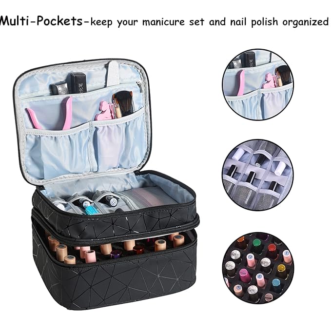 Nail Polish Organizer- Holds 30 Bottles Nail Supply Organizers and Storage Double-layer Nail Bag Organizer Case Nail varnish Organizer Nail Polish Storage Bag with Handle (Black-a)