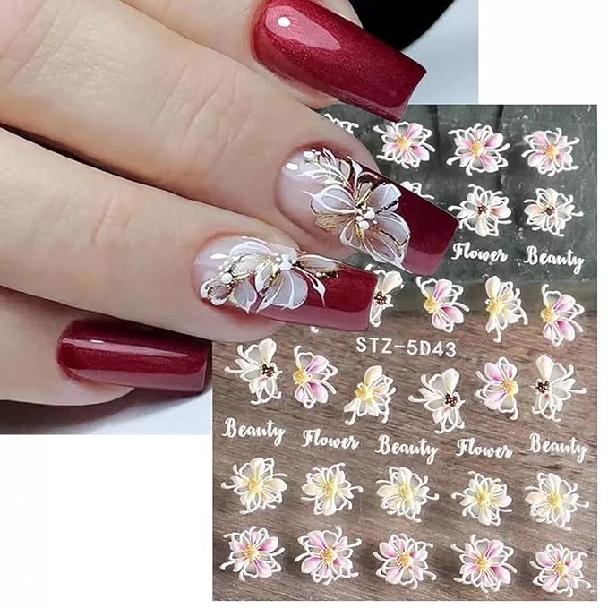 6 Sheets White Flower Nail Art Stickers Decals 5D Embossed Nail Decals Spring Winter Nails Art Self-Adhesive Supplies Accessories 3D Flower Stickers for Women Nails Design Decoration