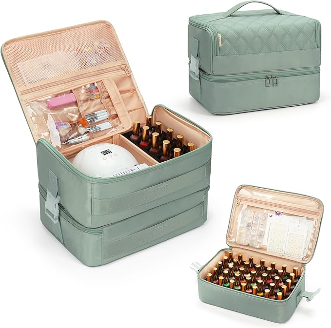 OCHEAL Nail Polish Organizer, Holds Nail Lamp and 45+ Bottles,3 Usage Modes Detachable Nail Storage Bag Travel Nail Tech Case Holds Nail Kit Stuff Manicure Tools -Green