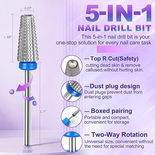 FANTEXY 3/32" Carbide Nail Drill Bits - 5 in 1 Cuticle Drill Bits for Nails, Gel Remover Drills Bit, Professional Nails File Bits for Old Skin and Nails, Manicure Pedicure Gel Polishing (Medium - M)