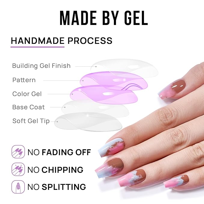 BTArtbox Press on Nails Medium - Coffin Press On Nails with Glue and Adhesive Tabs for Women, Soft Gel Glue On Nails in 15 Sizes - 30 Stick On Nails Kit, Cherry Blossom Latte