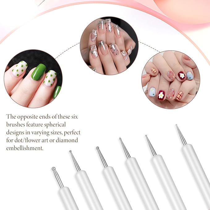 6Pcs Nail Art Brushes Nail Brush Pink Dotting Pen Painting Tools Double-ended Gel Polish Liner Brush Kit Small Detail Brushes for DIY Manicure