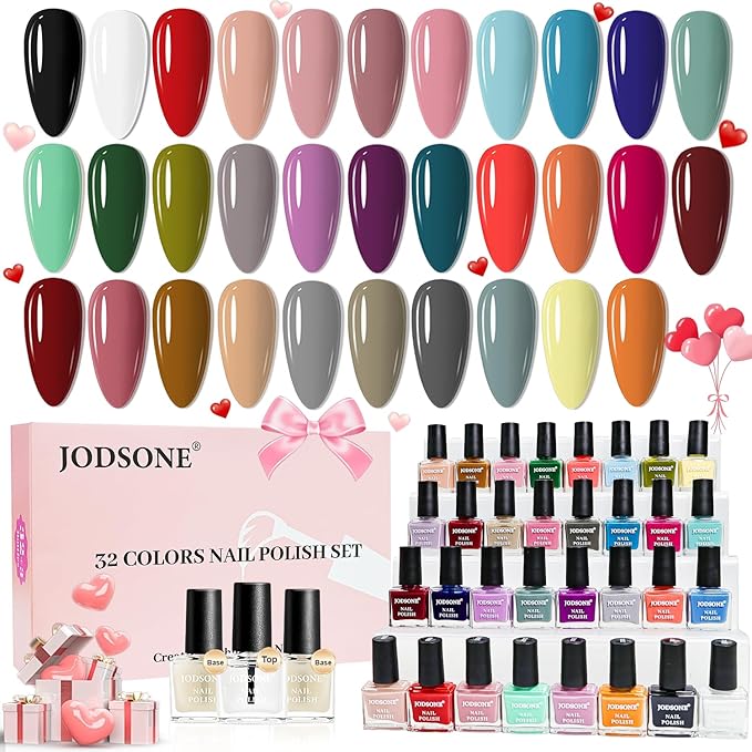 JODSONE 32 Colors Quick Dry Nail Polish Set 0.17 fl.oz,Valentines Nail Polish Set with 1 Top Coat & 2 Base Coat,Totaling 35Pcs,Air Dry & Long Lasting Nail Art DIY Home Manicure Gift for Women