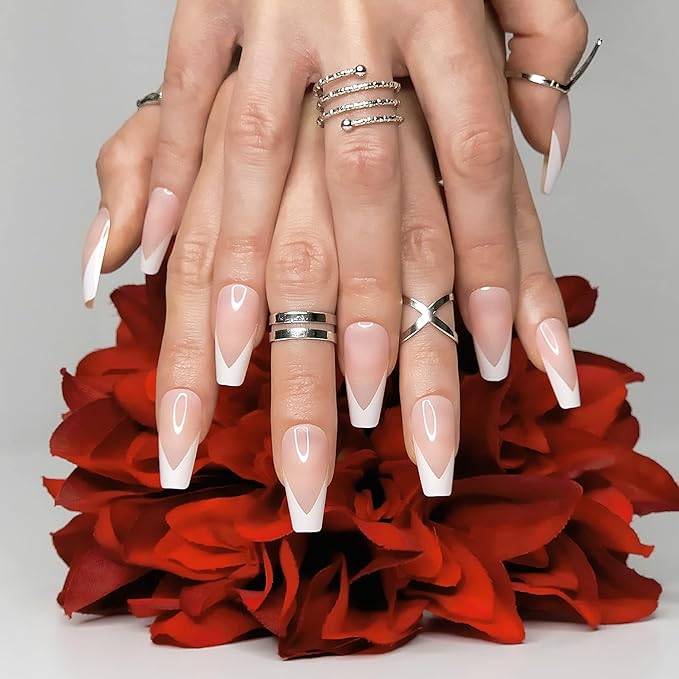 Hypnaughty 24 Pcs Modern White French Coffin Press On Nails with Design and Glue Medium Long Glue on Nails Nude Color False Nails (Modern White French)