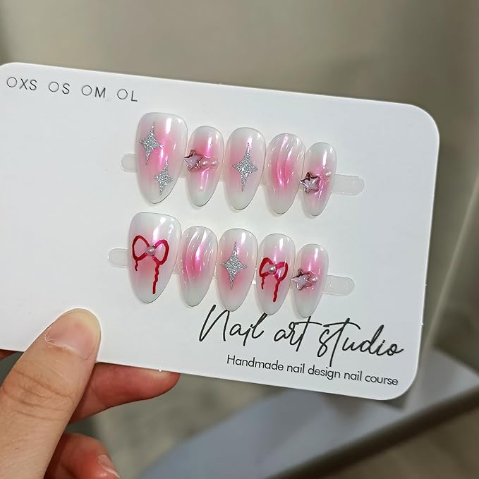 Handmade Press On Nails Almond,Aurora Pink Acrylic Glossy Y2k Sweet Cool Soft Gel Fake Nails,Reusable Glue On Nails With Star Bow Stars Designs,10pcs/Box Manicure Art With Charms(M)