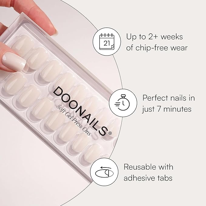 DOONAILS Soft Gel Press On Nails - 30 Pcs Kit with Stickers in 15 Sizes – White, Short Square – Reusable Glue On Fake Nails, Handmade & Salon-Quality Finish, Vegan & Cruelty-Free, Uñas Postizas