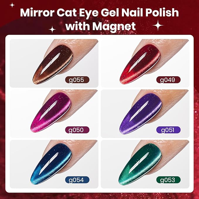 Beetles Jewel Parade Cat Eye Gel Nail Polish Set - 6 Colors Glitter Cat Eye Gel Polish Kit Pink Purple Red Green Blue Brown Burgundy Magnetic Effect Soak Off UV Manicure Gift for Women