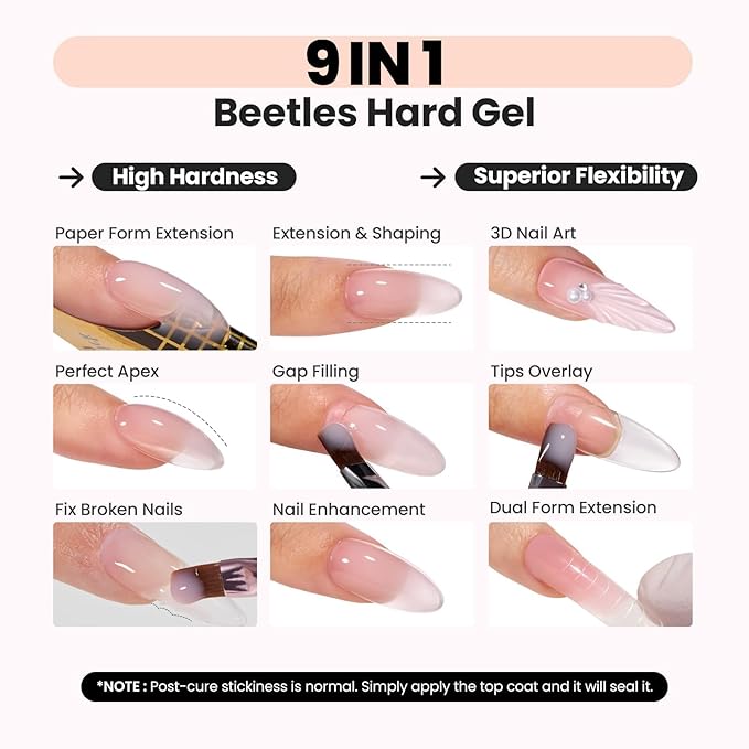 Beetles HEMA-Free Hard Gel for Nails-1.06oz 9 in 1 Jelly Nude UV/LED Lamp Cured Sculpting Stengthener Gel for Nail Extension & Nail Repair High Hardness Nails for Manicurist Women