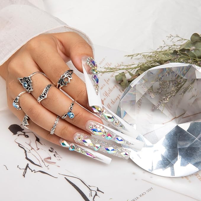 LOVFUL Press on Nails Candy Diamonds & White French Tip | Luxury Spring French Tip Glossy Press On Nails with Bling | Square Long 2.2 in | H36(S)