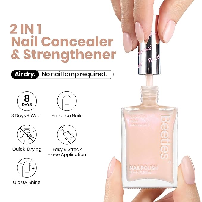 Beetles Nail Strengthener and Growth Concealer - Pink White Nail Polish Shimmer Natural Concealer Fingernail Polish, Fast Dry Quick Oil for Salon Home Daily Work - 0.51 FL OZ