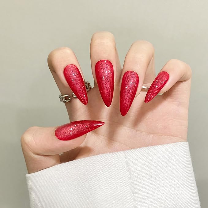 Dark Red Almond Cat Eyes Press On Nails,12 Sizes - 24 Pcs Soft Gel Red Medium Fake Nails Kit with Nail Glue, Natural Reusable Stick On False Nails for Women and Girls SK1009