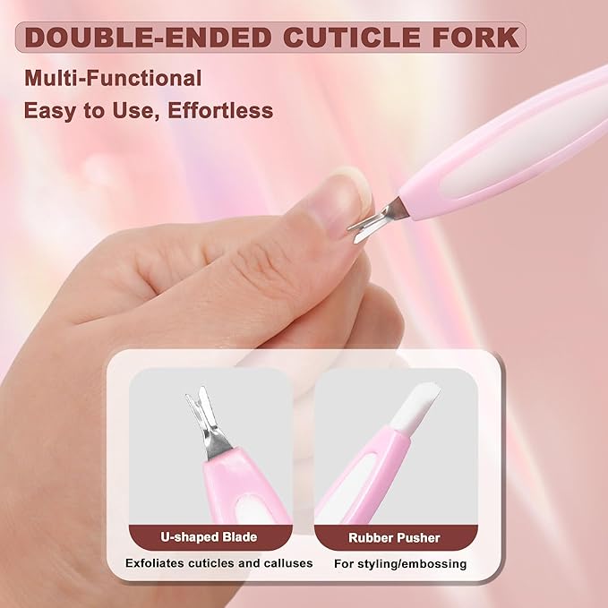 Classic 3Pcs Manicure Set, Gentle Plastic Pusher, Double-ended Cuticle Fork, Sandpaper File, At-Home Mani Essential, Pink