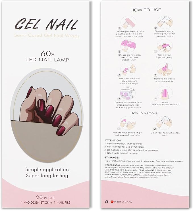 JMEOWIO Gel Nail Stickers Glitter Dark Red Semi Cured Gel Nail Strips Wraps UV/LED Nails Art Design Decoration Accessories