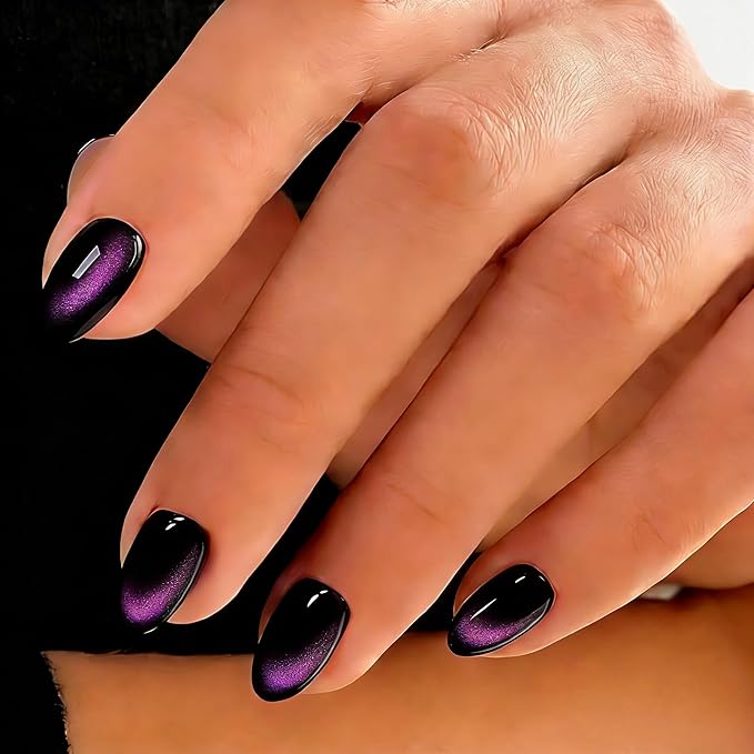 Cat Eye Press on Nails Short, Chrome Press on Nails Oval, Thick Glazed Black Purple Fake Nails Press ons for Women Party Prom, Reusable Magnet Glitter Glue On Nails Almond in 15 Sizes, 30 Pcs