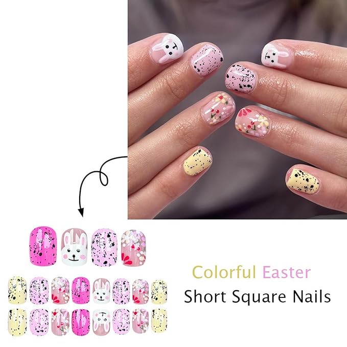Easter Press on Nails Colorful Flower Fake Nails Glossy Pink False Nail with Cute Bunny Designs Short Square Acrylic Nails Full Cover Stick on Nail for Women Girls Easter Manicure 24 Pcs