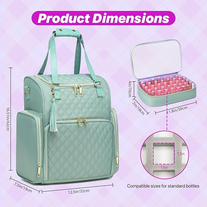 Nail Bag Organizer Case Backpack, Nail Bag Holds 80 Bottles (15ml-0.5 fl.oz) and Nail Lamp, Nail Polish Case with 2 nail polish Bag, Portable Travel Backpack for Nail Tech Supplies Manicure Tools