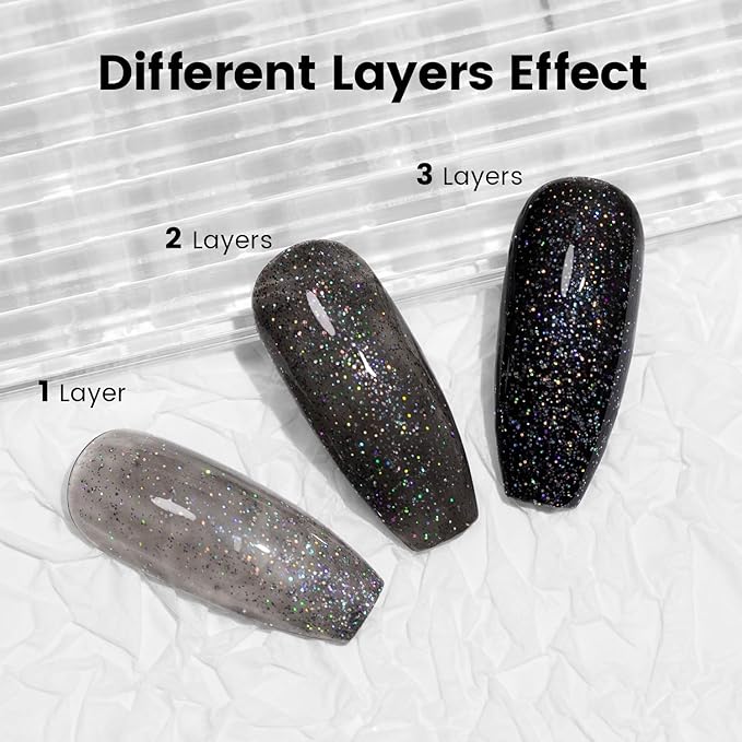 RARJSM Black Glitter Gel Nail Polish Chunky Iridescent Rainbow Sparkle Laser Holographic Small Flakes Shimmer Diamond Gel Polish Single Bottle Soak off UV LED Cured for Home Salon Manicure 15ML