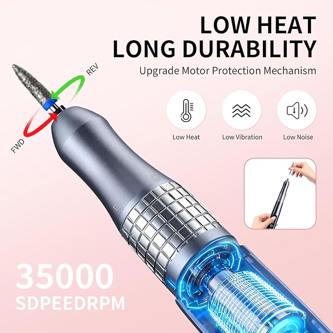 Brushless Nail Drill with UV Lamp, 35,000 RPM Electric Nail File, Portable Rechargeable Manicure & Pedicure Salon, Rose Gold