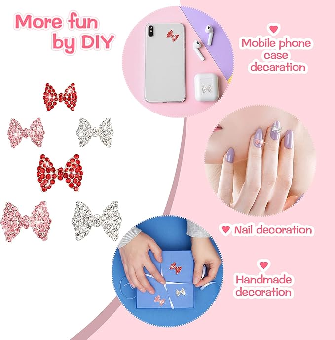 Maitys 24 Pieces Nail Bows Charms Rhinestones 3D Charms Alloy Pearl Bow Knot Accessory for Valentine's Day Women DIY Xmas Salon Jewelry Craft(Red, Gold, Rose Red)