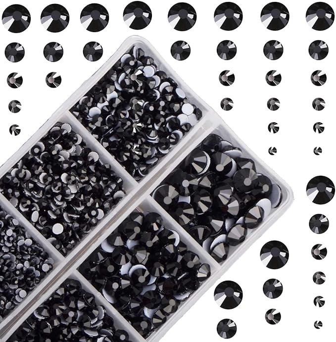 4000pcs Mixed Size Hot Fix Round Crystals Gems Glass Stones Hotfix Flat Back Rhinestones (Jet Black)