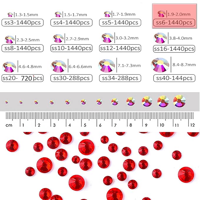 Dowarm 1440 Pieces SS6 Flatback Rhinestones, 2MM Flatback Crystal Rhinestones for Craft, Nails, Dance Costumes, Non Hotfix, Red/Siam