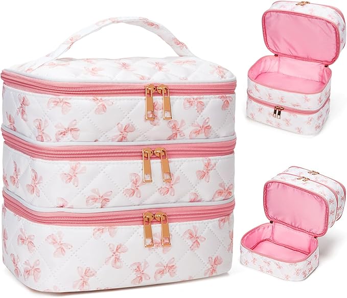 Nail Polish Organizer Aesthetic Nail Organizers and Storage, Bow Nail Supplies Kit Organizer Travel Carrying Case for Manicure Tools (Bow A, 3 Layer)