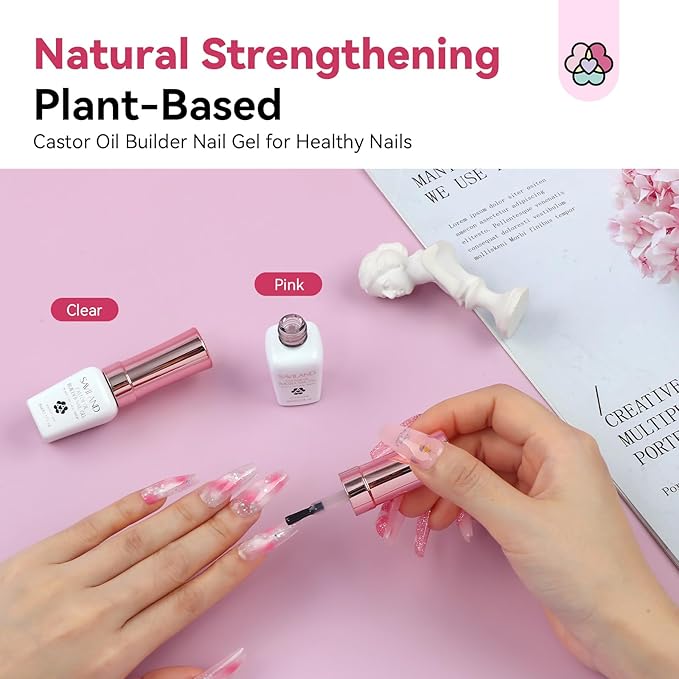SAVILAND Builder Nail Gel: Clear Pink Gel Builder for Nail Thickening Castor Oil Vitamin E Extension Gel Strengthener Gel Builder in a Bottle LED Nail Lamp Cured Hard Gel Home Nail Care Repair