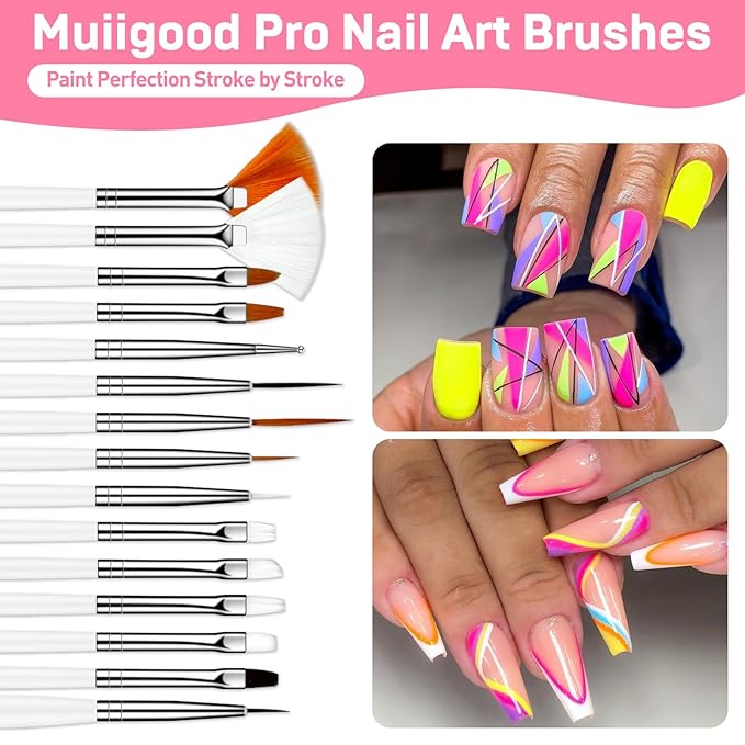 15pcs White Nail Art Brushes Set Nail Pen Designer Acrylic Nail Art Gel Painting Brushes Tool Dust Brush,Striping Brushes Dotting Tools for Long Lines Fan Brush Gel Polish Nail Art Supplies
