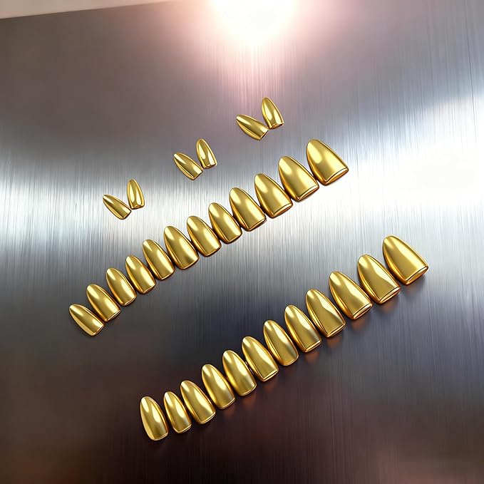 Chrome Press on Nails Short Almond, Metallic Gold Fake Nails with a Sparkle Mirror Finish, Glitter Glue on Nails for Women Birthday Party, Thick Quality Soft Gel Nail Press ons 30 Pcs