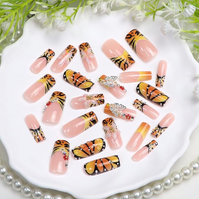 Butterfly Press on Nails Medium Long Square Fake Nails with Butterfly Charm Flower Designs French Tip Glue on Nails Press ons Acrylic Glossy Full Cover Stick on Nail for Women 24 Pcs
