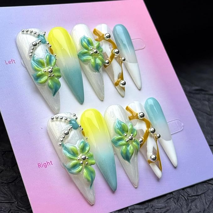 100% 5D Handmade Press on Nails Ombre Green Long Stiletto Fake Nails with Flower Design Rhinestone Glue on Nails Reusable Blue Gradient Handmade Nails for Women Girls Manicure 10pcs Size L
