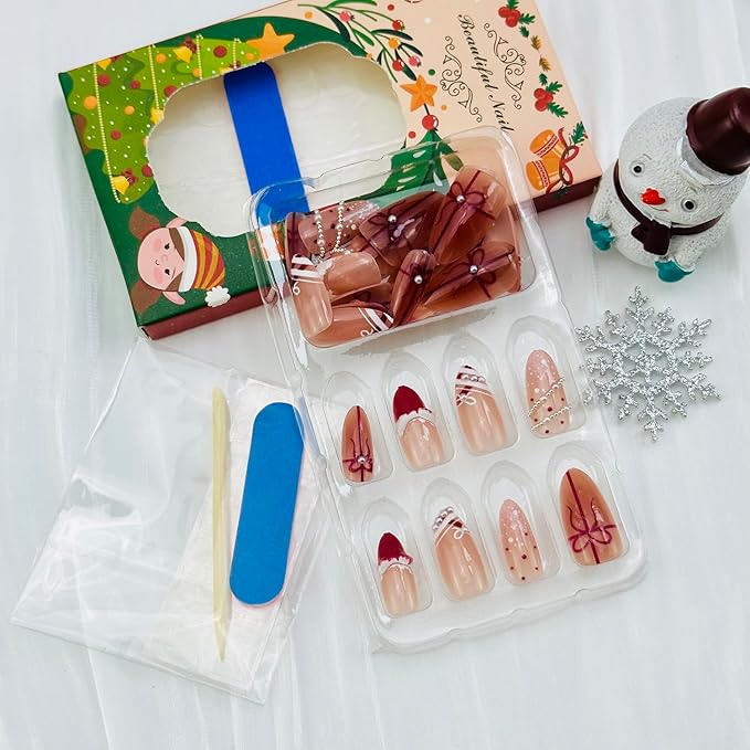 30pcs Christmas Press on Nails Medium Almond Fake Nails Valentine False Nails with 3d Pearl Rhinestones Designs Xmas Gift Full Cover Artificial Glue on Nails French Tip Acrylic Nail Supplies for Women