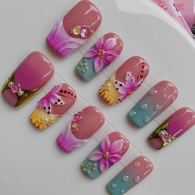 Handmade Press on Nails Medium Square Shape,Professional Handcrafted Design Glue on Nails for Women 10pcs M Size Pattern 1105