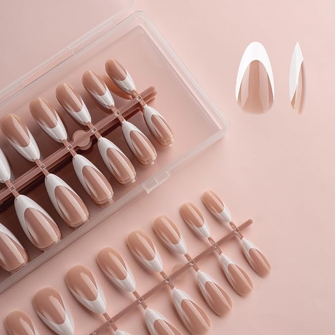 Lamemoria Pre-Design Medium Long Gel Almond French Tip Press On Nails, Brown Base White French Nail Tips, Salon False Fake Nail Kit with Glue/Tabs, 240 PCS
