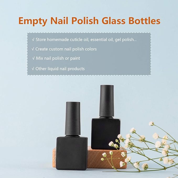GTHER 20PCS Empty Nail Polish Bottles, Glass Refillable Nail Polish Bottles Container Vials with Brush Cap & Funnel & Mixing Balls, Black (10ML)