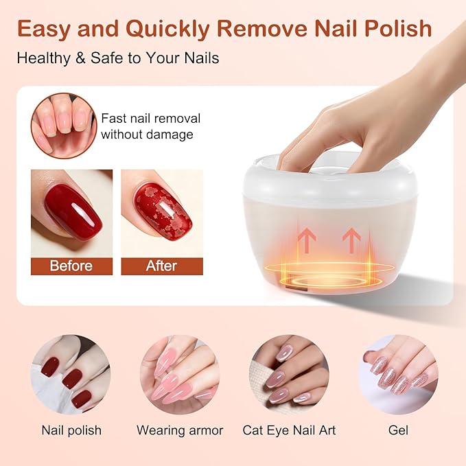 Electric Nail Soaking Bowl, Gel Nail Polish Remover Machine, Gel Heated Nail Remover Bowl Machine with Nail Files Cuticle Pusher for Home Salon